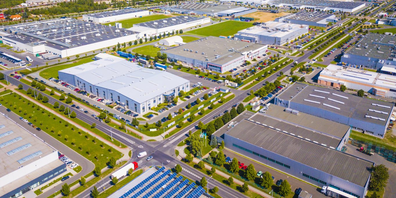 Aerial view of industrial zone and technology park on Bory suburb of Pilsen city in Czech Republic, Europe. Industrial fields from above.