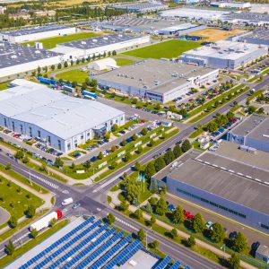 Aerial view of industrial zone and technology park on Bory suburb of Pilsen city in Czech Republic, Europe. Industrial fields from above.