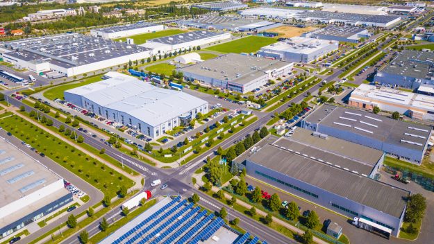 Aerial view of industrial zone and technology park on Bory suburb of Pilsen city in Czech Republic, Europe. Industrial fields from above.