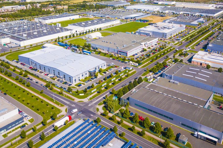 Aerial view of industrial zone and technology park on Bory suburb of Pilsen city in Czech Republic, Europe. Industrial fields from above.